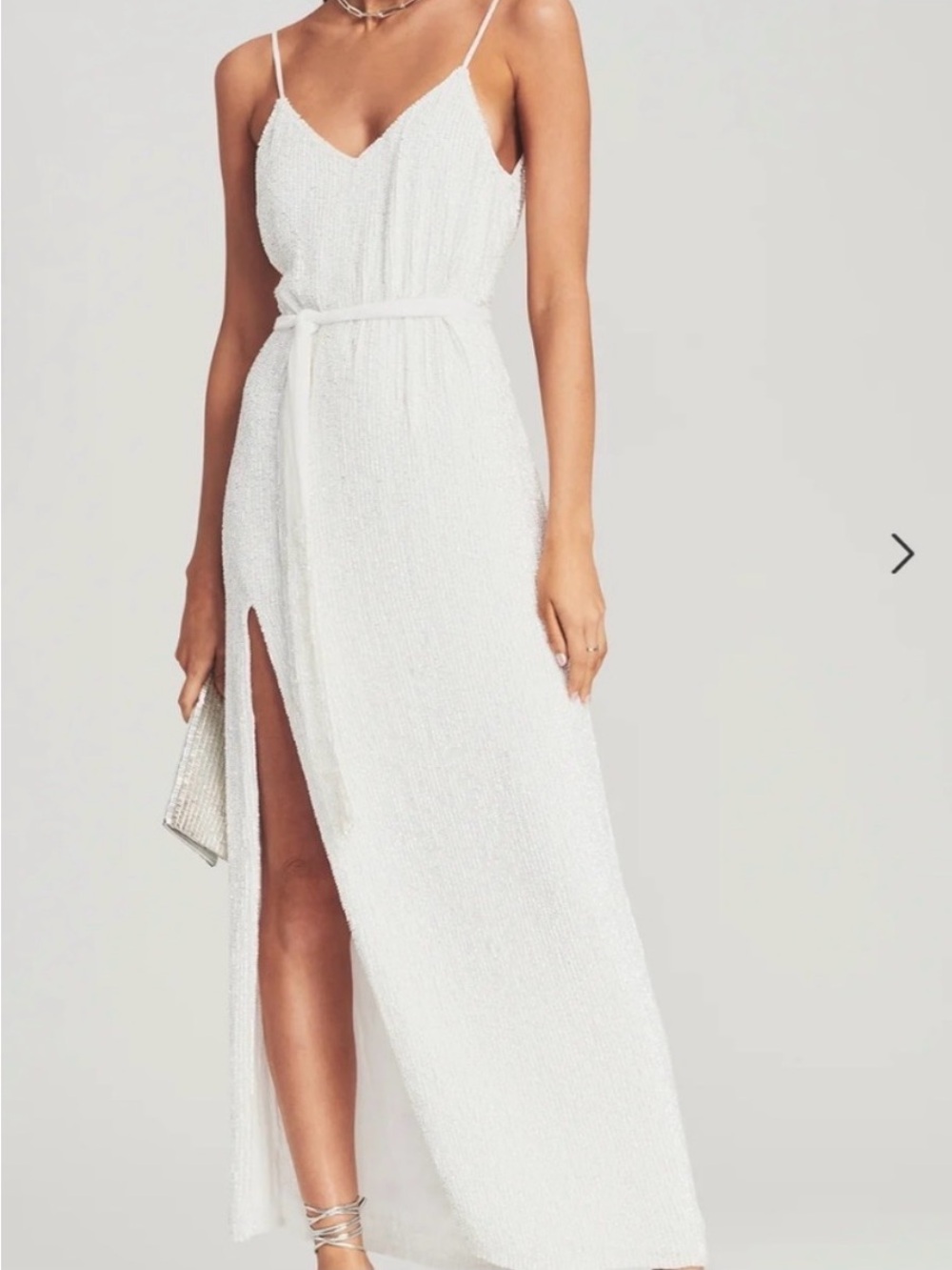 Retrofête White Sequin Spaghetti-Strap Maxi Dress with Side Slit